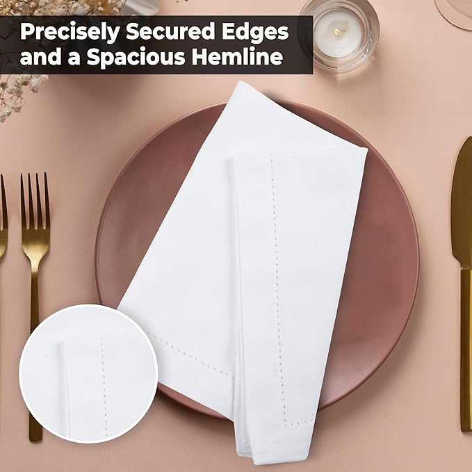 White Cloth Napkins Set of 12 100% Cotton Hemstitch Dinner Napkins Cloths Washable 20”x20” Absorbent Soft Durable Reusable-Ideal for Everyday Use Parties Wedding Thanks Giving Christmas