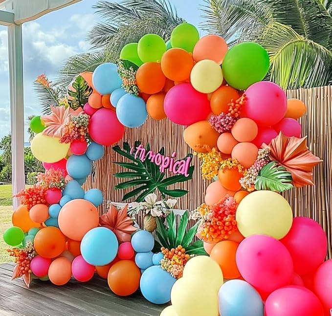 Hot Pink Orange Blue Balloon Garland Double Stuffed Pink Green Yellow Peach Teal Balloon Arch Kit Colorful Balloons for Birthday Baby Shower Wedding Bridal Tropical Hawaiian Flamingo Luau Party Decor