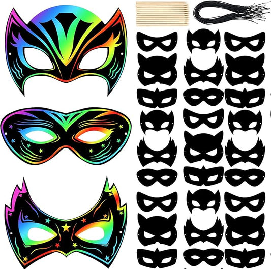 Deekin Mardi Gras Scratch Masks for Kids, Mardi Gras Crafts Rainbow Hero DIY Masks Craft Kit for Dress up Party Favor