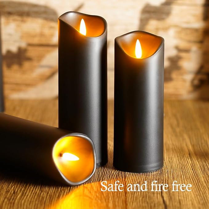 Flickering Flameless Candles, Battery Operated Acrylic LED Pillar Candles with Remote Control and Timer, Set of 9 (Black)