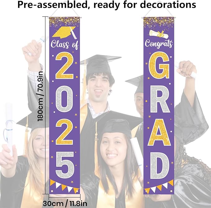 Graduation Decorations 2025 GRAD Banner Purple Porch Door Sign Welcome Banner For Indoor Outdoor Wall Graduation Decorations Class of 2025