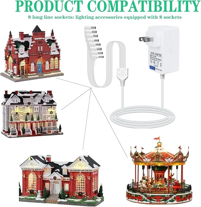 AC/DC 4.5V Power Adapter Compatible with Lemax Lighted Accessory AC DC Power Adapter for Christmas Halloween Village Mini Lighting Building Decoration(White,8 Output, Bend)
