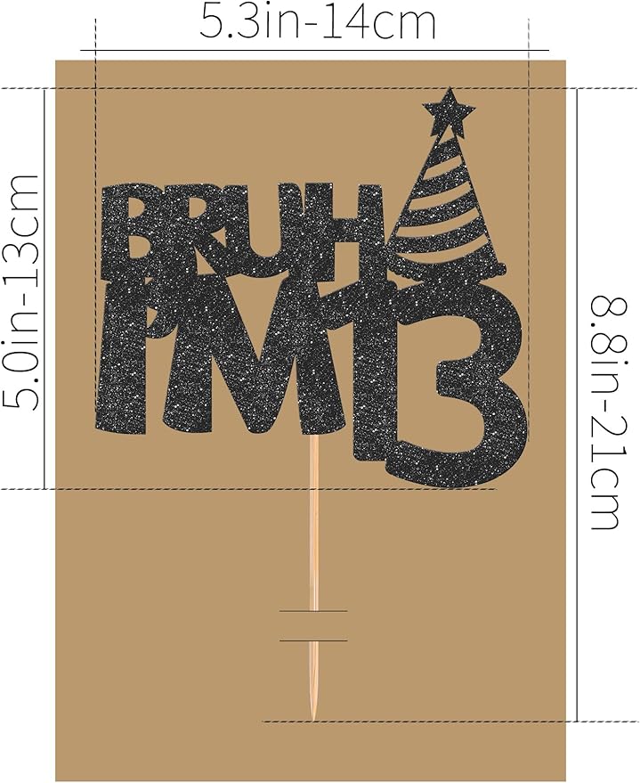 Bruh I’m 13 Cake Topper - Glitter Black 13th Birthday Cake Decorations, 13 Years Old Birthday Cake Smash Decor (13)