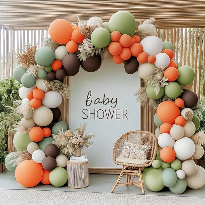 Fall Balloon Arch Garland Kit, Double Stuffed Sage Green Brown Orange White Balloon for Fall Autumn Dinosaur Thanksgiving Woodland Pumpkin Little Cutie Baby Shower Birthday Party Decor