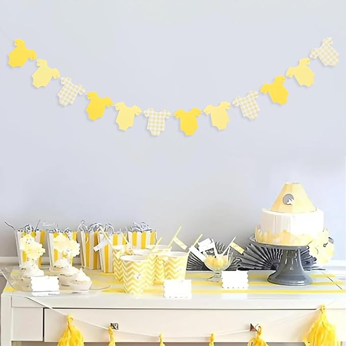 Yellow Bodysuit Banner - Baby Shower Decoration Gingham Banner,Baby Bodysuit Gender Reveal Party (Yellow)
