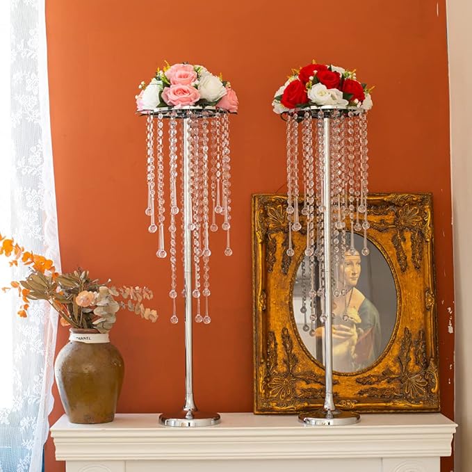 29.5 inches Tall Silver Vases Wedding Centerpieces, Elegant Metal Flower Candle Holder with Chandelier Crystal,for Wedding Party Event,Birthday,Reception,New Year Home Decorations