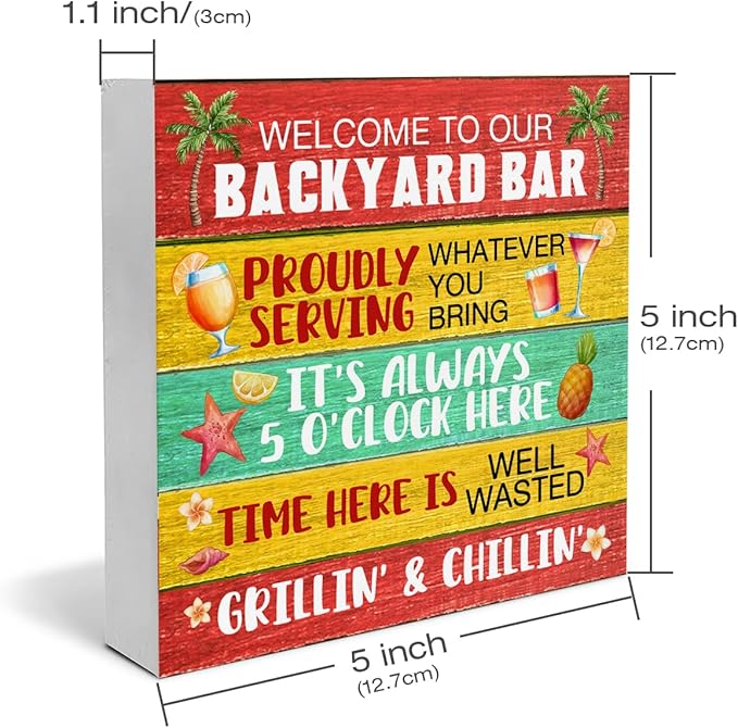Backyard Bar Decor Bar Wood Block Sign Summer Decorations for Home Desk Table Shelf 5 x 5 Inches