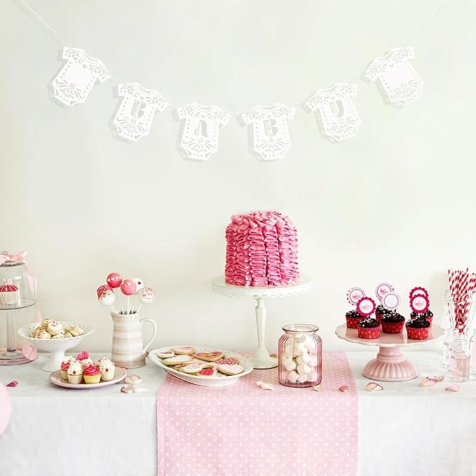 Lace Bodysuit Baby Shower Banner - Papel Picado Gender Reveal Party Decor, Baby Bodysuit Onesie Banner