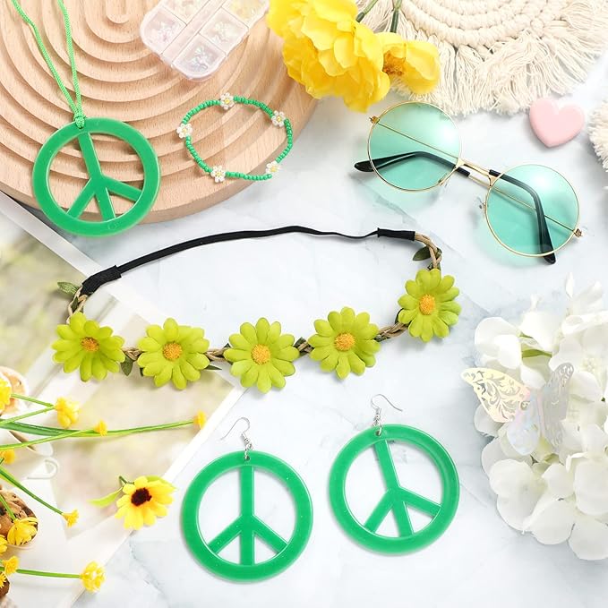 Batiyeer 6 Pcs Hippie Costume Accessories Set, Boho Peace Sign Daisy Flower 60s 70s Party Favors Decor for Groovy Party Women(Green)