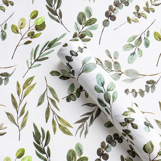 WRAPAHOLIC Kraft Wrapping Paper - Mini Roll - 17 Inch x 16.5 Feet - Eucalyptus Leaves Wrapping Paper for Wedding, Birthday, Bridal Shower, Tea Party, Drawer Liners, Home Closet Shelves