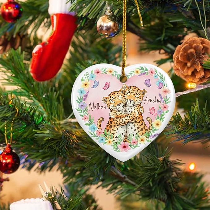 Leopard Couple First Christmas Together Ornament, Custom Names Anniversary Ceramic Ornament, Personalized Leopard Watercolor Floral Butterfly Ornaments, Sweet Animals Keepsake Gift for Husband Wife