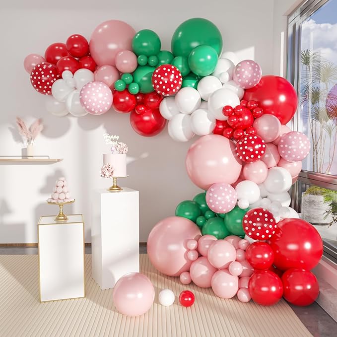 Strawberry Balloons Garland Arch Kit, 156Pcs Berry Sweet Tender Pink Red Dark Green White Balloons for Fruit Themed Birthday Party Baby Shower Decorations