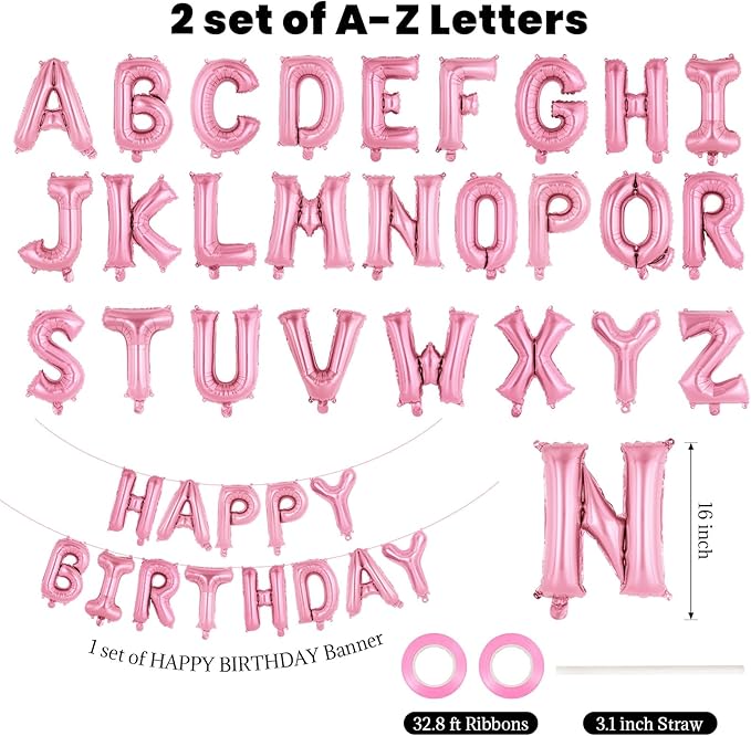 65 Pcs Pink Happy Birthday Balloons and 2 Sets A-Z Letters Foil Balloons, 16 Inch Personalized Name Happy Birthday Banners for Wedding Baby Shower Anniversary Party Decorations (Pink)