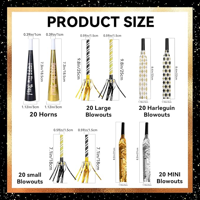 100pcs New Years Eve Party Supplies 2026 Black, Gold & Silver Party Blowers, New Years Decorations Noisemakers for Kids & Adults Nye Decorations