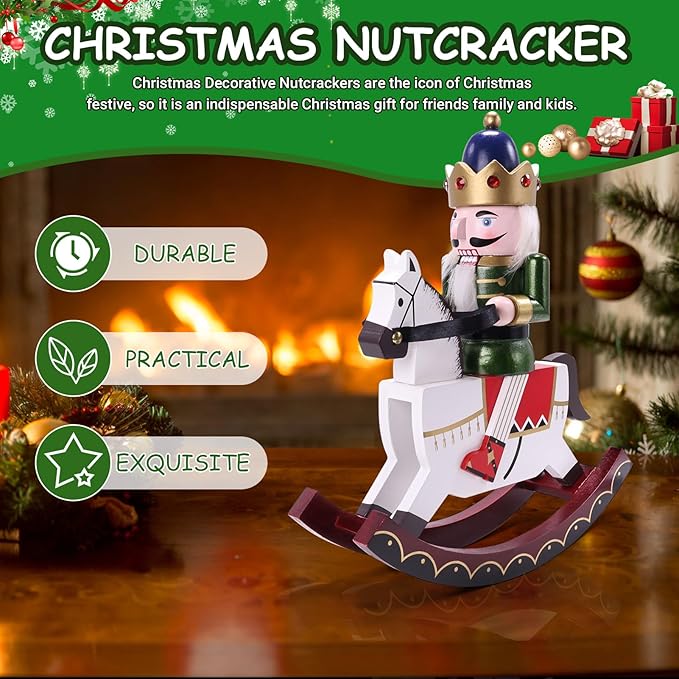 11" Wooden Rocking Horse Soldier Nutcracker, Festive Christmas Decoration, Handcrafted Nutcracker Collectible Christmas Decor for Tabletop, Shelves, and Fireplace Mantel
