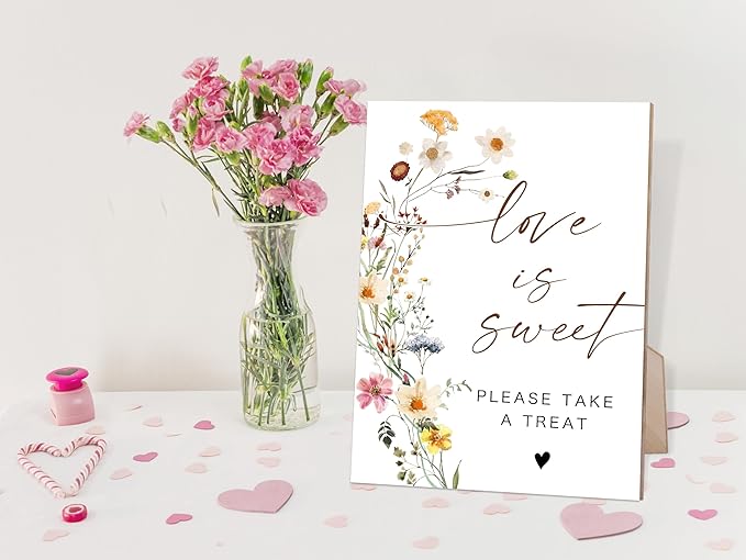 Flower Love Is Sweet Sign for Dessert Table, Dessert Table Decorations, Wedding Decorations for Reception, Bridal Shower Decor, Party Centerpieces, 6X8 Inch Wooden Bridal Shower Signs with Stand, 18