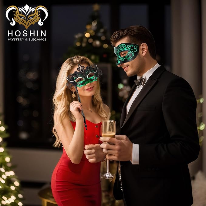 Hoshin Masquerade Mask for Couple, Mardi Gras Deecorations Venetian Masks with Stick for Womens