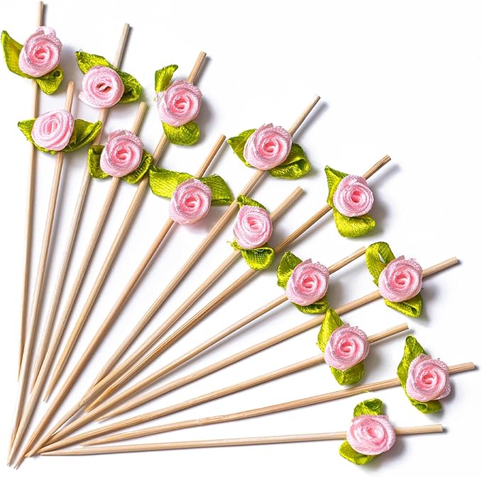 PuTwo Cocktail Picks 4.7 Inch 100pcs Bamboo Fancy Skewers Toothpicks for Appetizers Pink Rose Flower Toothpicks for Food Drink Fruit Sandwich Charcuterie Boards Accessories Wedding Party Supplies