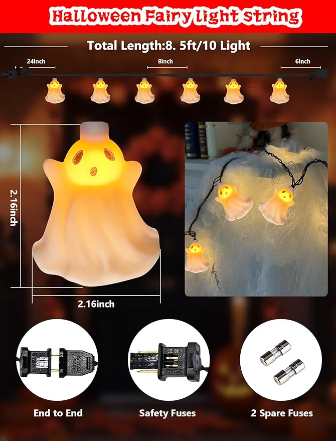 8.5Ft Halloween Ghost String Lights, 10 LED White Ghost Lights Waterproof UL Listed for Indoor Halloween Indoor Bedroom Patio Backyard Camping Desk Party Decor
