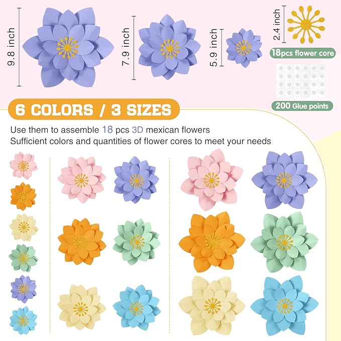 18 Pcs Mexican Paper Flowers Decor for Wall DIY Paper Fiesta Bulletin Board 3D Colorful Mexican Backdrop Decoration for Classroom Back to School Carnival and Holiday Party(Lotus-Shaped,Bright)