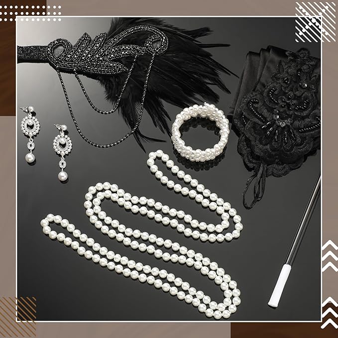 Maitys 1920s Accessories Set for Women Flapper Costume Feather Headband Necklace Bracelet Earrings