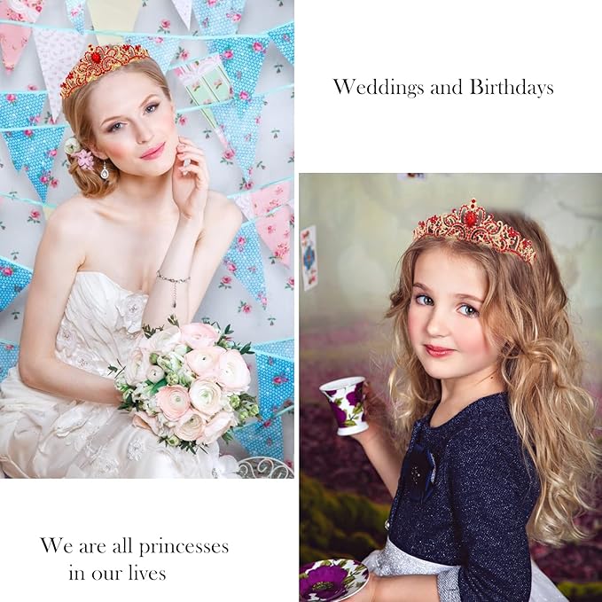 Velscrun Princess Crown, Tiara & Sash Set for Girls, Red, Wedding & Party Accessory