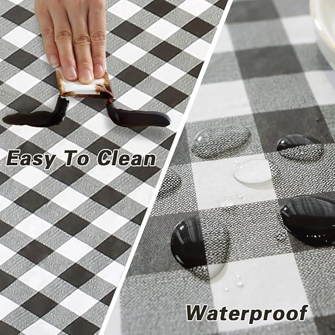 Buffalo Plaid Vinyl Tablecloth with Flannel Backing Rectangle 60 x 102 Inch, Dust & Stain Resistant Checkered Table Cloth, Heavy Table Cover for Dining, Party, Indoor, Outdoor, Black and White
