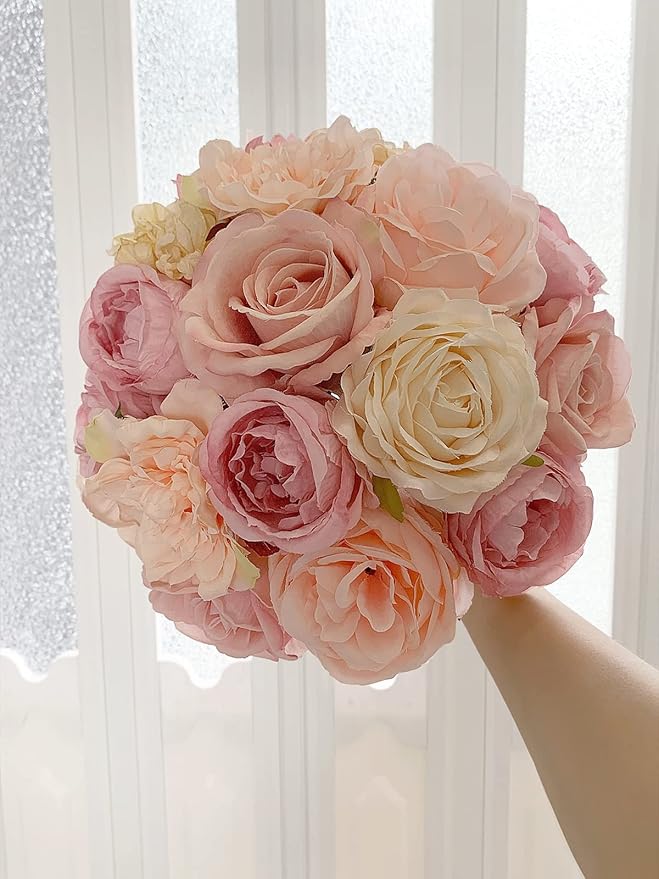 Roses Artificial Flowers Pink Bouquets Box Set Fake Flower Bulk for DIY Wedding Bridal Baby Shower Decorations Party Table Centerpieces Silk Floral Arrangements for Home Decor Indoor