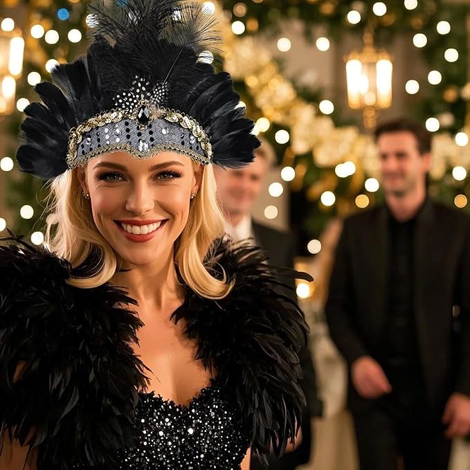 Women's Carnival Feather Headpieces Sequin Headdress for Wedding Masquerade Party Cosplay Feather Headbands