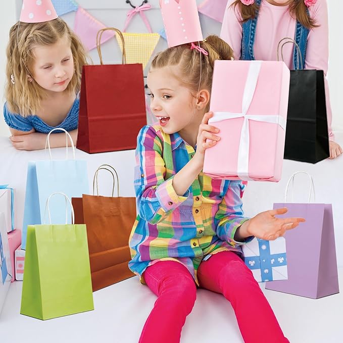 BAG BOX 25 Pack Medium 8.25x4.3x10.6 Inch Red Kraft Paper Gift Bags with Handles for Bulk Shopping, Retail, Craft, Party Favors, Wedding, Grocery & Sacks