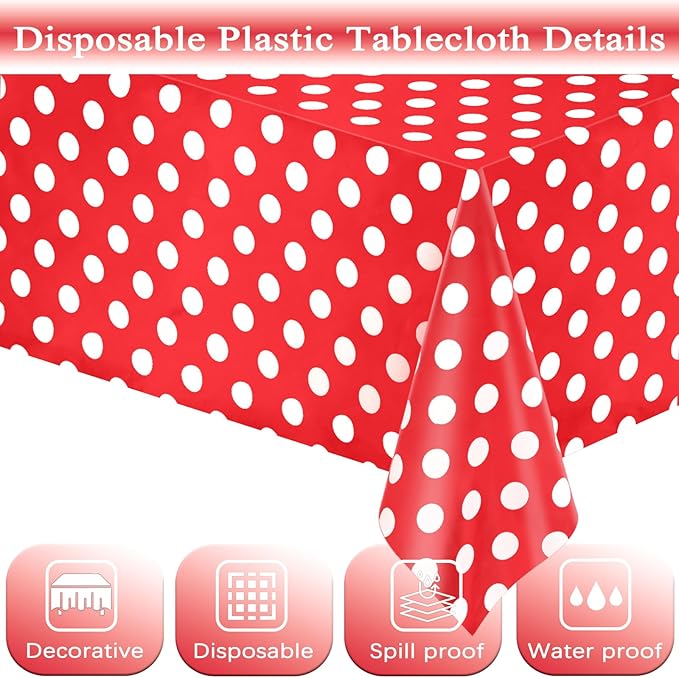 WNINK 4 Pack Red and White Polka Dot Tablecloths – Disposable Plastic Waterproof Table Cover, 54" x 108", for Birthday, Wedding, Bridal Shower, Bachelor Party, and Picnic