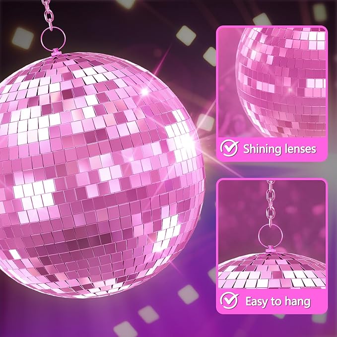 Mirror Disco Ball with Hanging Ring | 12"/16"/20" Mirror Disco Ball for DJ Club,Party,Wedding,Home Decor | Shiny,Easy Installation | with Hanging Ring | Golden, Pink 12Inch Pink