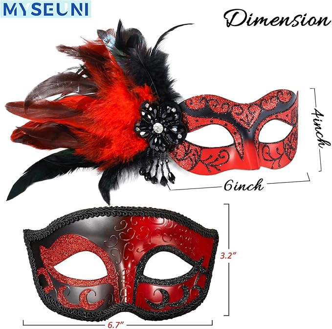 2025 New Masquerade Mask with Feather for Couples - Women's Masquerade Mask with Feather & Men Venetian Costume Mask