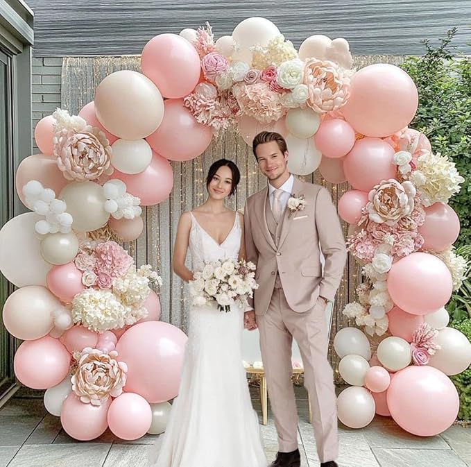 Pink White Balloon Garland Double Stuffed Pink Beige Cream Peach Pastel Balloon Arch Kit Pearl Sand White Balloons for Girl Baby Shower Birthday Wedding Anniversary Party Decoration