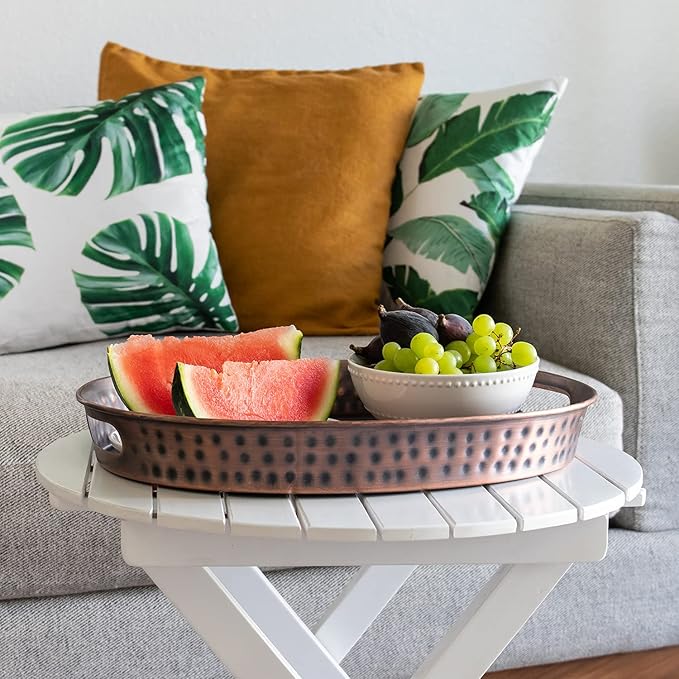 Monarch Abode Hand Hammered Metal Serving Tray with Handles, 17-Inch Antique Copper Finish– Oval Serving Platter, Large Serving Tray for Party, Fruit Platter, Dessert Trays, Serving Dishes