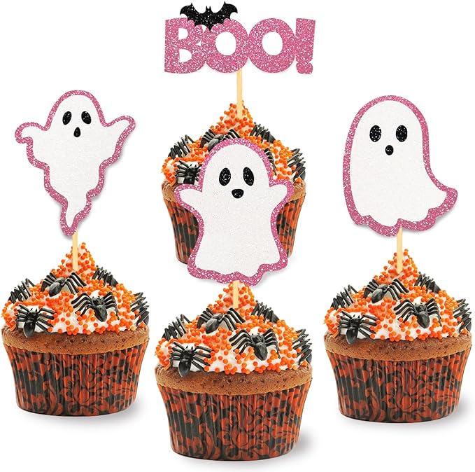 24 Pack Glitter Ghost Cupcake Toppers - Baby Shower Cupcake Toppers Decor Gender Reveal Party Decorations (Pink)