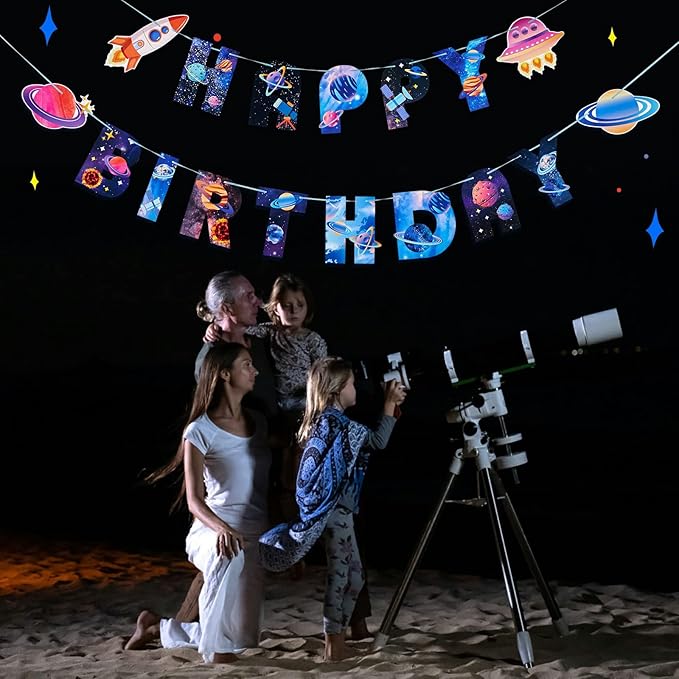 SUNBEAUTY Universe Outer Space Theme Birthday Banner Galaxy Happy Birthday Party Decoration Space Birthday Decorations Solar System Decoration | Pre-Strung