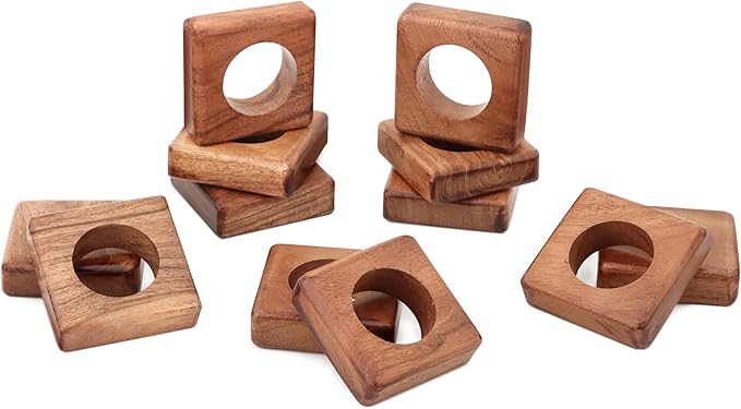 Wooden Napkin Rings Set of 12 Fall Decor for Home Square Acacia Wood Napkin Holders for Dining Table Settings Wood Napkin Ring Rustic Table Décor for Weddings, Parties, and Everyday Use - CLEENTABLE