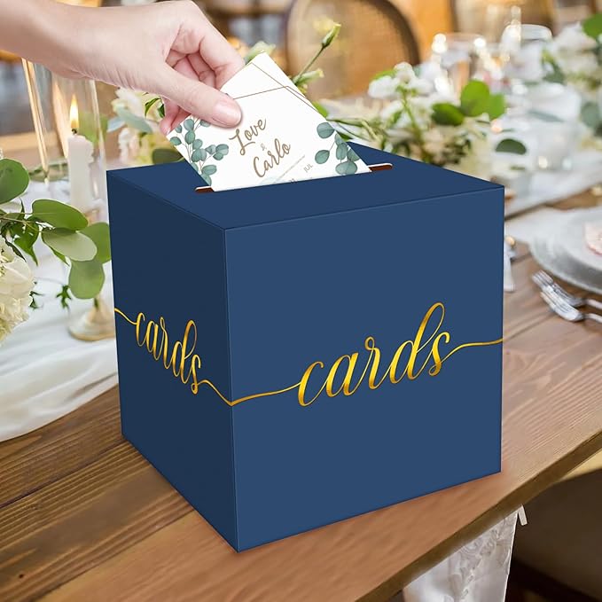 1 Pack Navy Blue and Gold Foil Card Box for Party, 8.7" Navy Blue Gift Card Box Money Box for Birthday, Wedding, Baby Shower, Retirement, Anniversary, Graduation, Raffle Ticket
