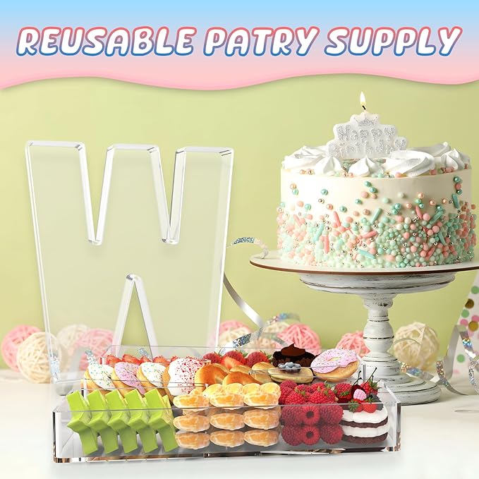13.8" Extra Large Acrylic Letter Charcuterie Board Box, Reusable Fillable Letter Cake Candy Dish Display Serving Tray for Birthday Anniversary Party Decoration (W)
