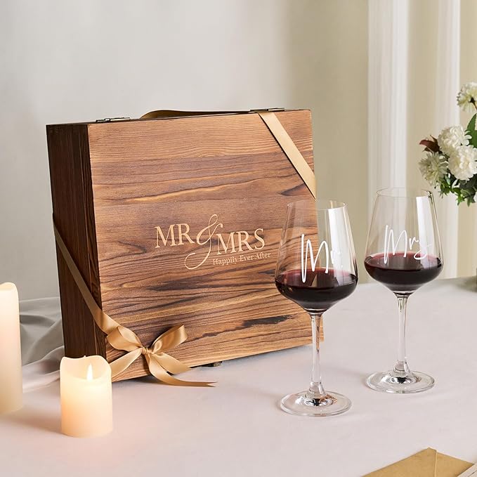 AW BRIDAL Mr and Mrs Wine Glasses Wedding Gifts for Couples 2025, Engagement Gift for Newlyweds, Bridal Shower and Bachelorette Gifts for Bride, Wine Opener Stopper and Engraved Wooden Keepsake Box
