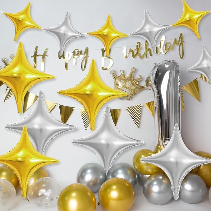 Gold Silver Star Balloons,12Pcs Four Angle Star Foil Balloons,26Inch and 10Inch Gold Silver Quadrangle Helium Balloon for Birthday Anniversary Baby Shower Wedding Party Decorations