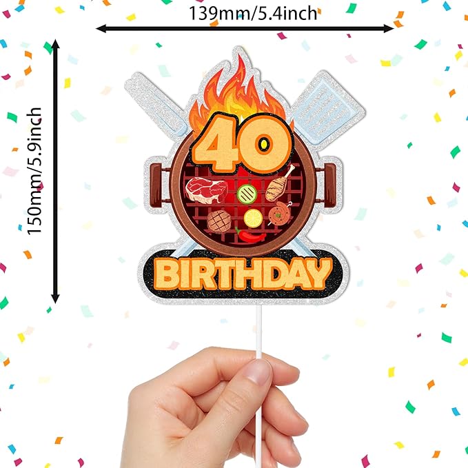 Barbecue Cake Topper 40th Birthday Happy BBQ Sausage Decorations for Men and Women Birthday Party, Summer Outdoor Picnic Party, Anniversary Friends Family Event Gathering Cooking Grill Decoration
