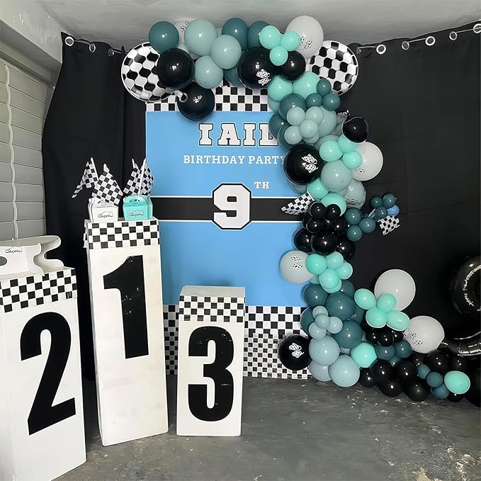 Race Car Balloons Garland Arch Kit, Dusty Blue Balloons Green Black Balloon Pale Blue Metallic Silver Balloon Arch Kit with Checkered Foil Balloon for Car Fast Birthday Baby Shower Party Decorations
