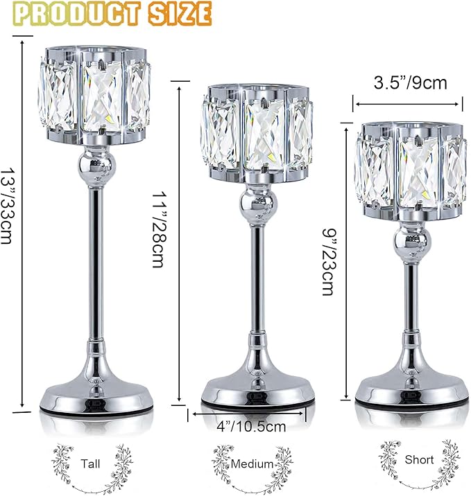 Set of 3 Cup Crystal Tealight Candle Holders, Centerpieces for Table Wedding Centerpieces Crystal Decorative Tealight Candle Dining Table Candle Holder Decor for Party (8.7"+10.6"+12.2", Silver)