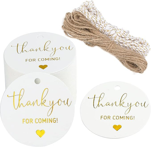 G2PLUS Thank You Tags, 100PCS Thank You for Coming Tags, 2'' Round Gift Tag, White Paper Gold Foil Gift Tag with String for Wedding, Birthday Party Favors