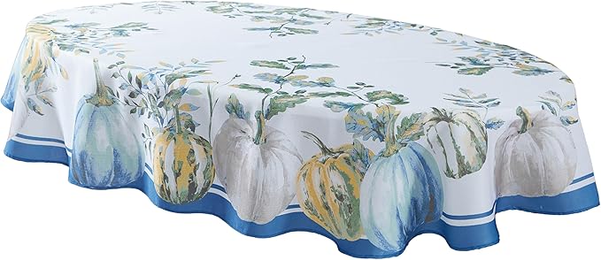 Home Bargains Plus Thanksgiving Contemporary Blue Pumpkin Tablecloth, 60 x 84 Inch Oval, Fall Harvest Easy Care Fabric Table Cover