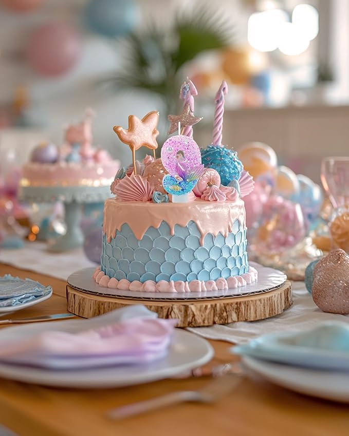 Mermaid Themed Birthday Candles, Number 9 Girls Glitter Birthday Party Supplies,Anniversary Party Decor,2.87 inch Cake Topper Decorations (Mermaid Themed, Number 9)