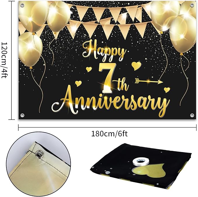 HAMIGAR 6x4ft Happy 7th Anniversary Banner Backdrop - 7 Wedding Anniversary Decorations Party Supplies - Black Gold