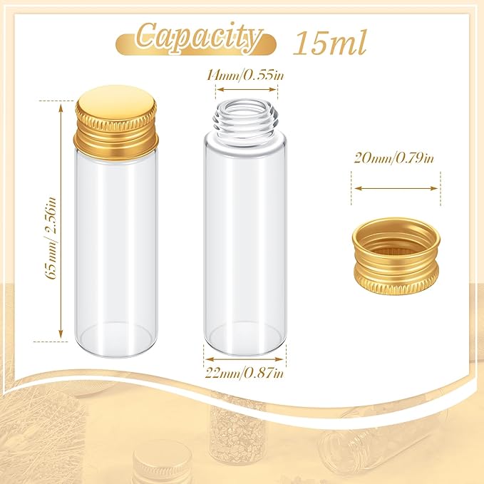 200 Pcs Small Clear Vials Spice Mini Jars with Lids Mini Glass Bottles with Screw Aluminum Metal Caps Tiny Jars Sample Containers for Powder Cream Cosmetic Jewelry Wedding (15 ml,Gold Caps)
